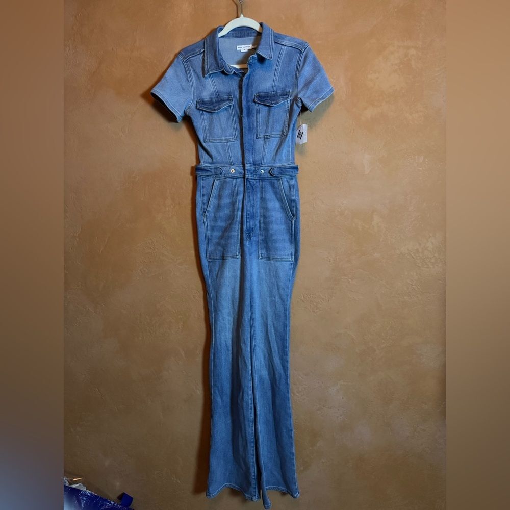 Good American Fit For Success Boot Denim Jumpsuit Small Blue Stretch Utility NWT